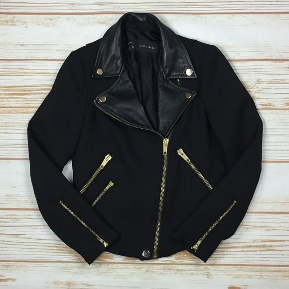 Zara Jackets & Blazers - Zara Black Wool Faux Leather Biker Moto Jacket